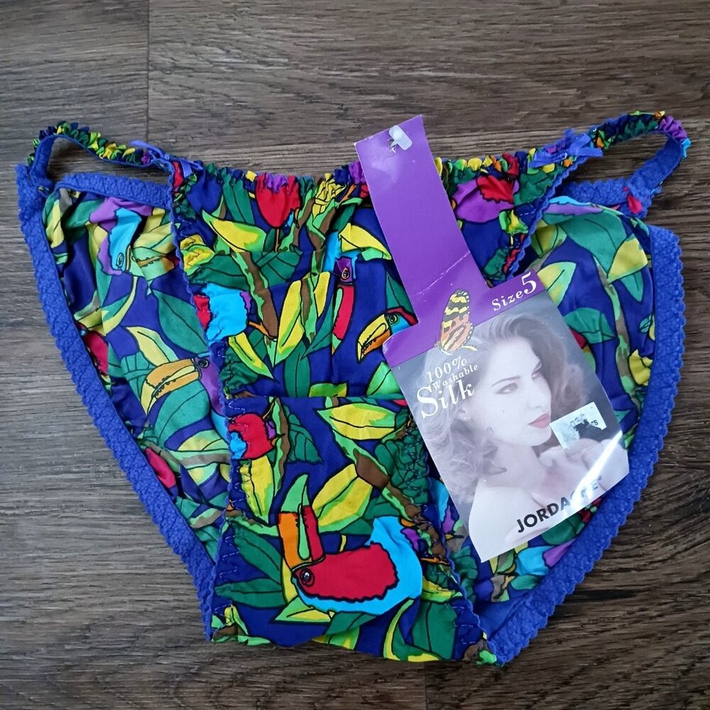 New Vintage Jordache 100% Washable Silk String Parrot Bikini Panties Size 5